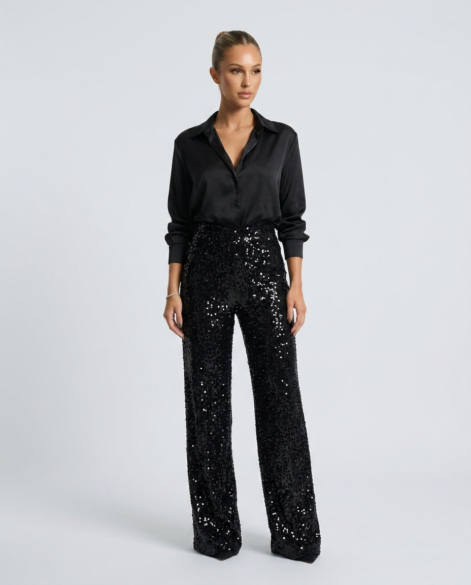 sequin high-waist straight-leg trousers, black - worn view