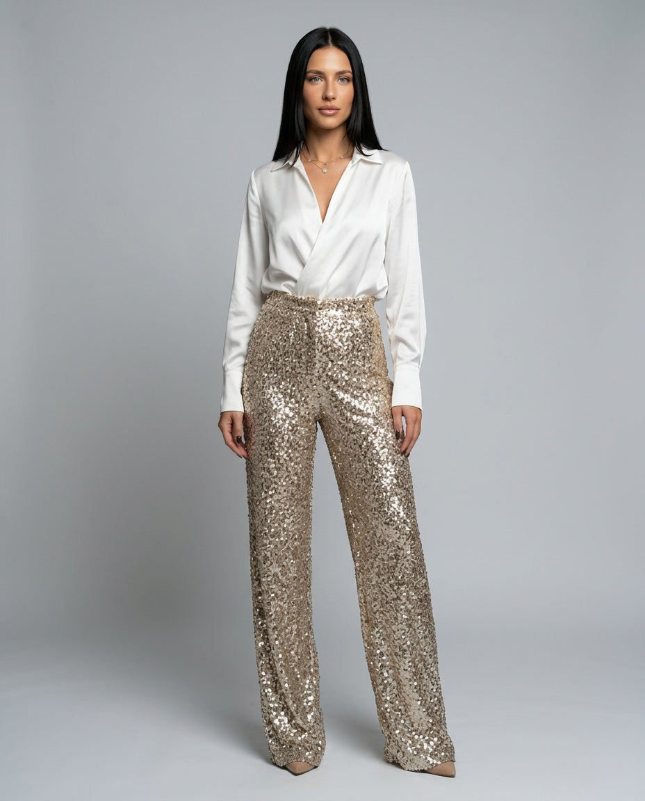 sequin high-waist straight-leg trousers, gold - worn view