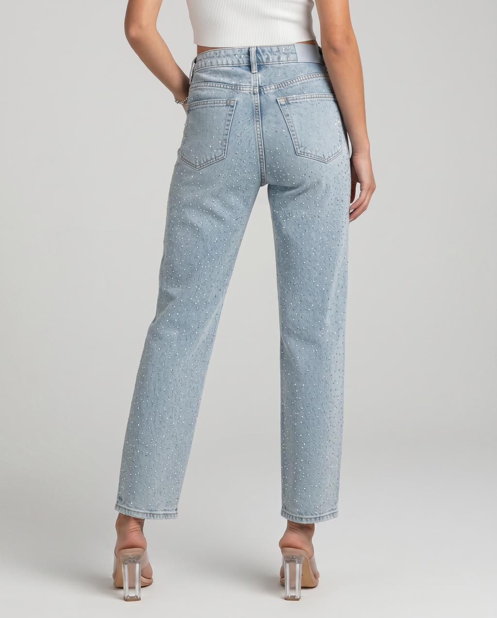 denim rhinestone high-waist straight-leg jeans, light blue - worn view
