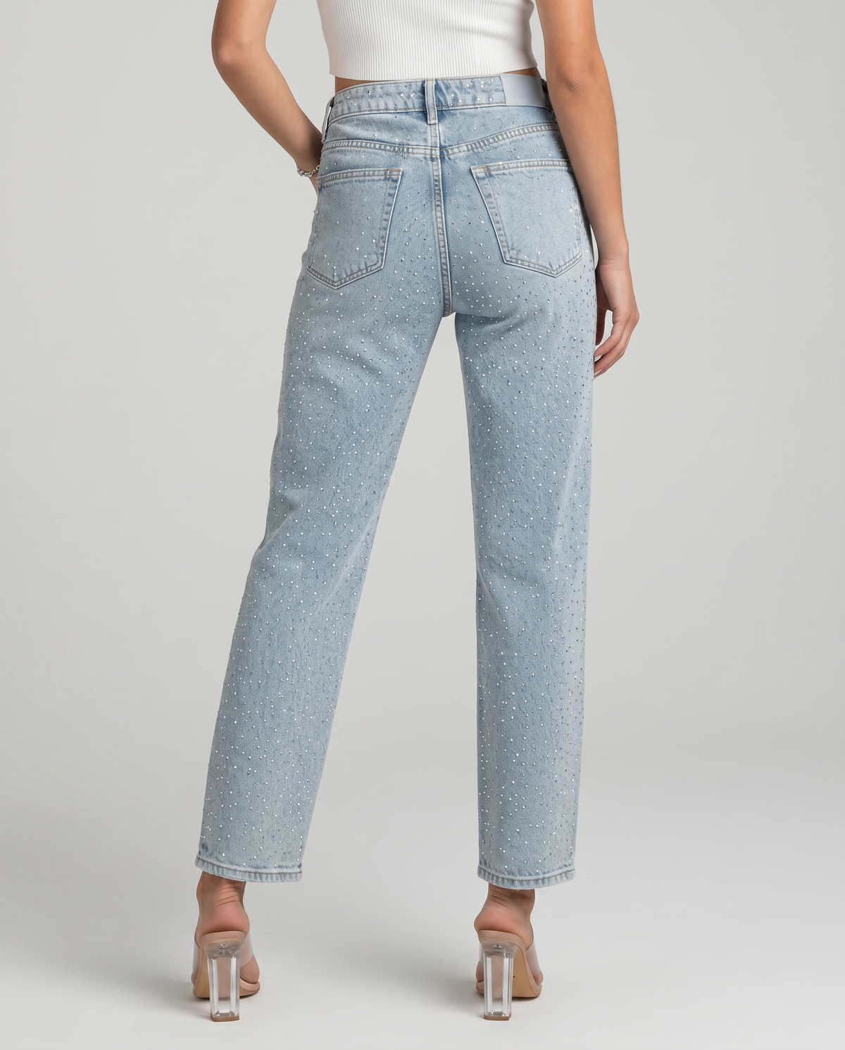 denim rhinestone high-waist straight-leg jeans, light blue - worn view