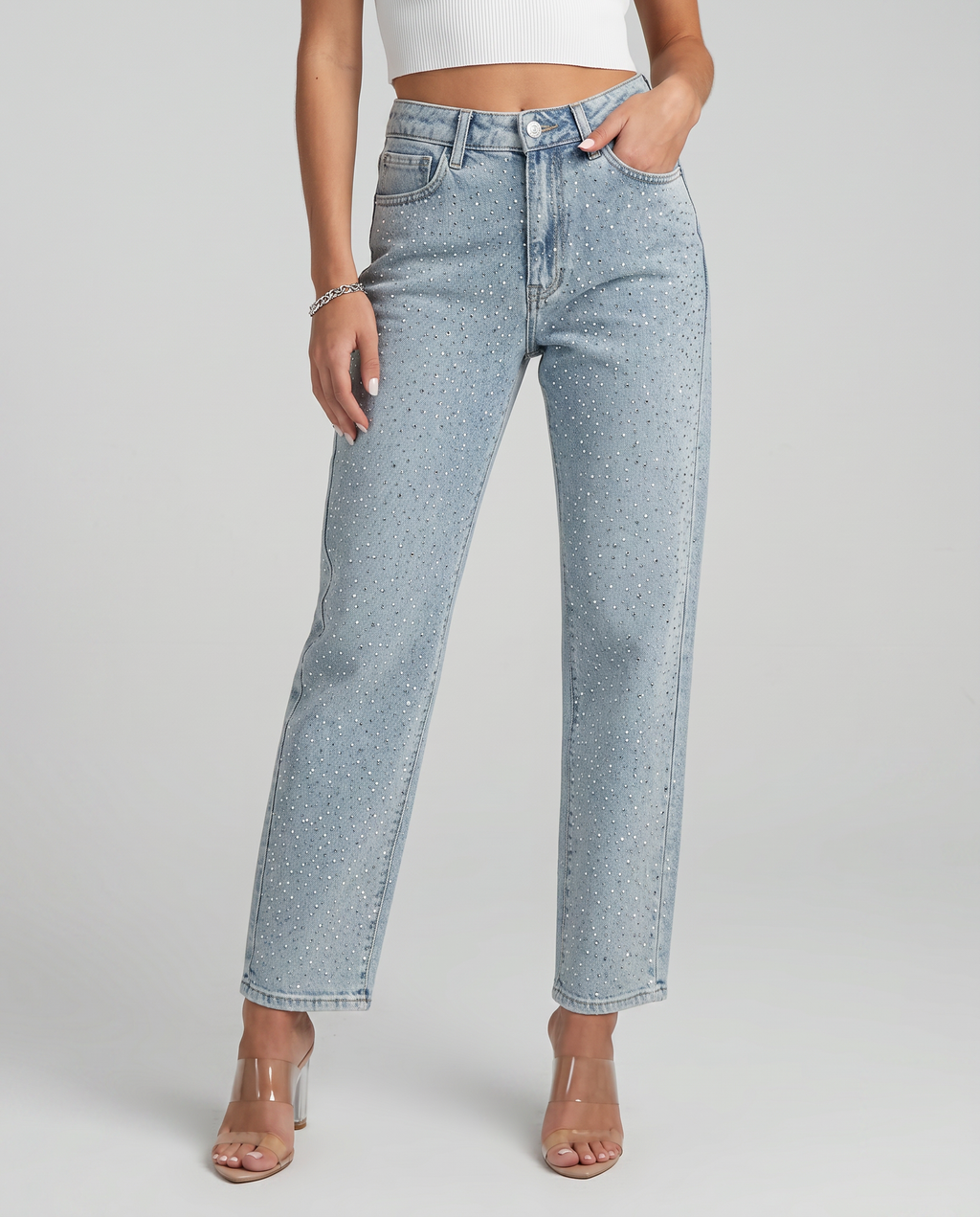 denim rhinestone high-waist straight-leg jeans, light blue - worn view