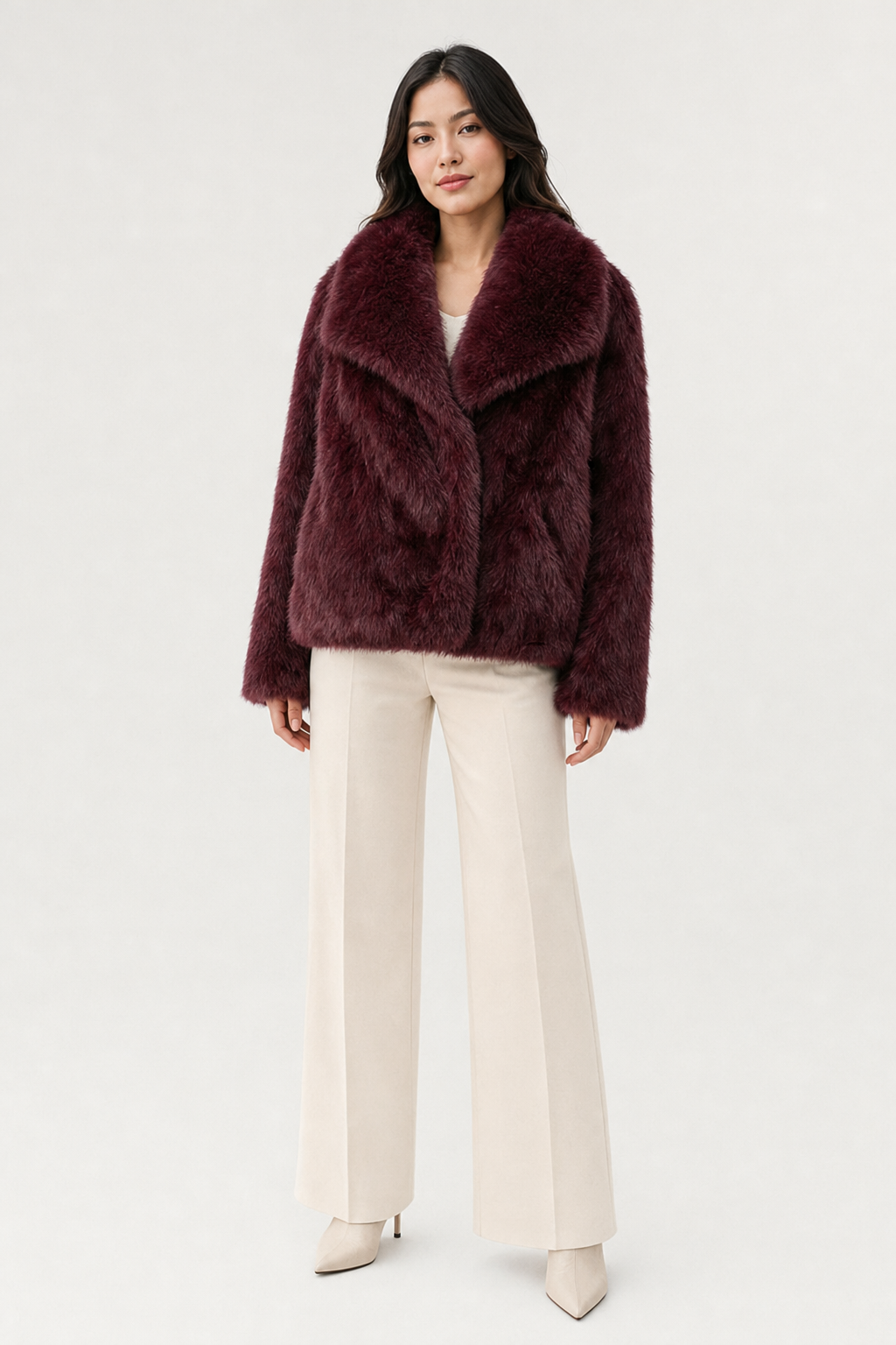 faux fur wide-collar jacket, burgundy - front view