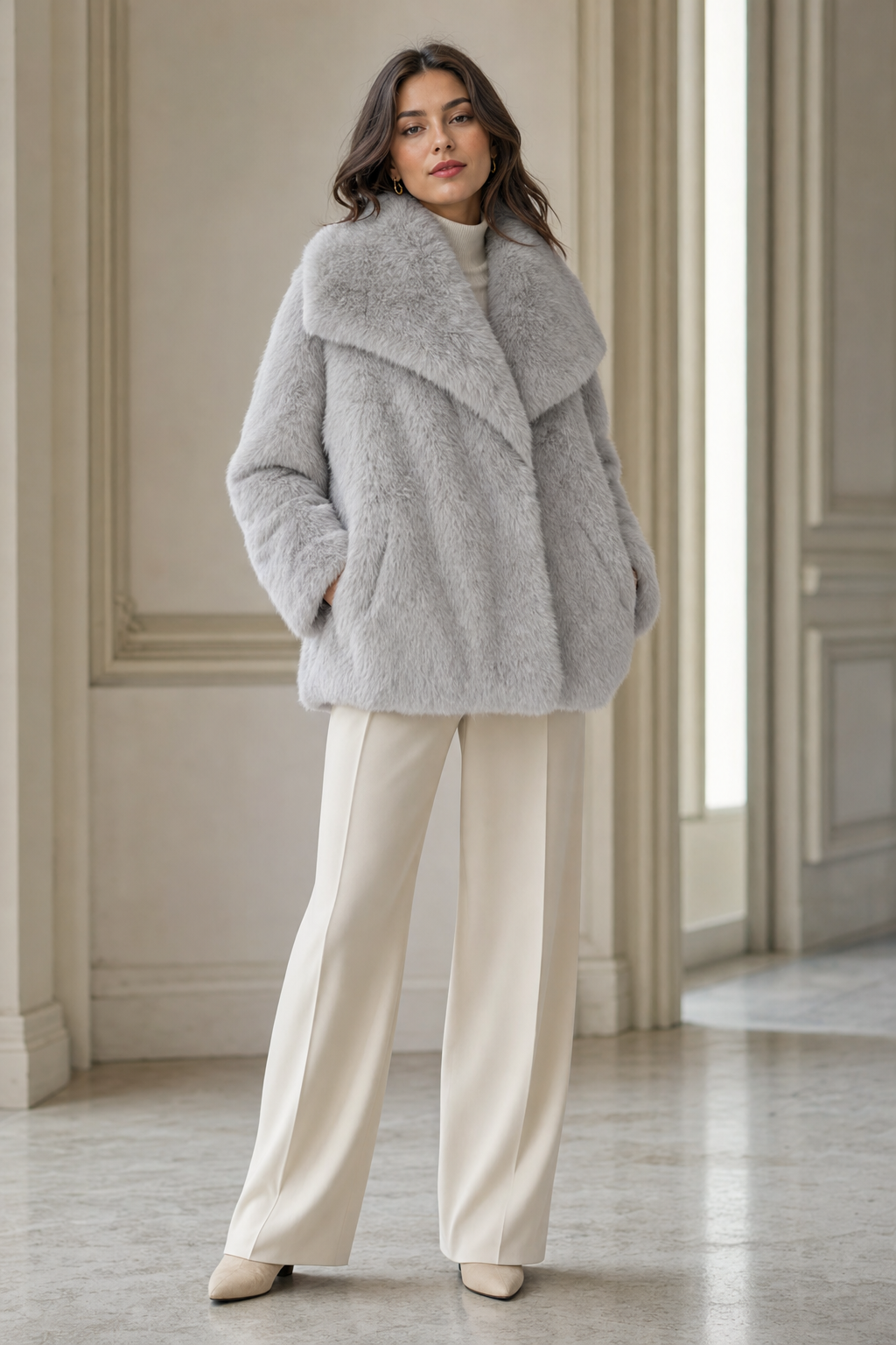 faux fur wide-collar jacket, grey - worn, full-length view