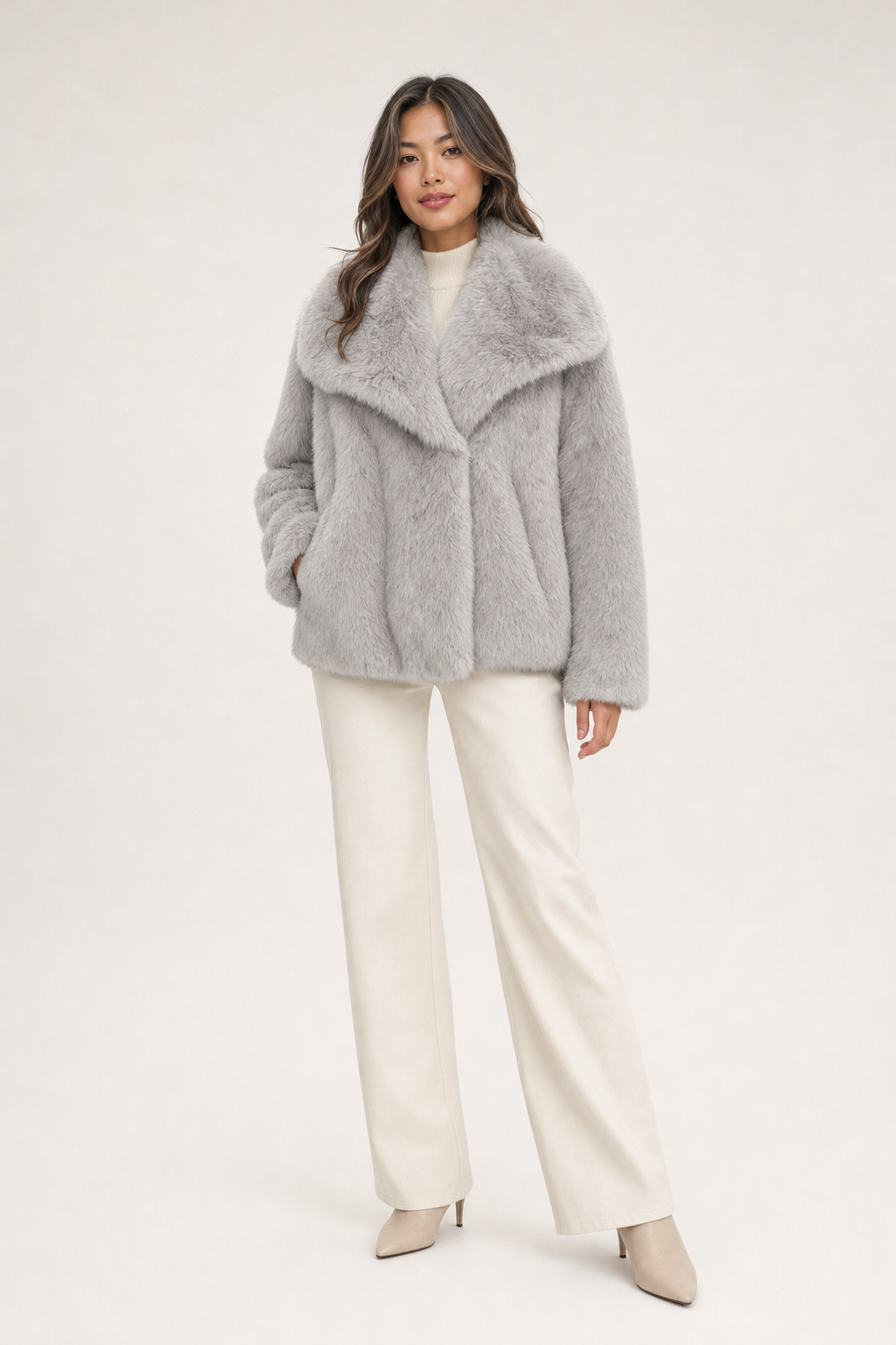 faux fur wide-collar jacket, grey - front view
