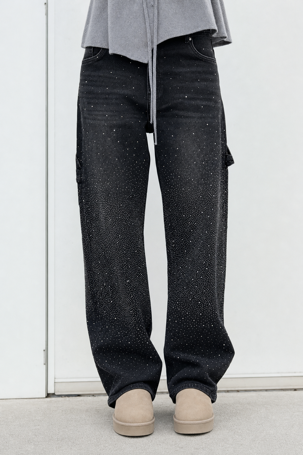 rhinestone wide-leg carpenter jeans, black - front view