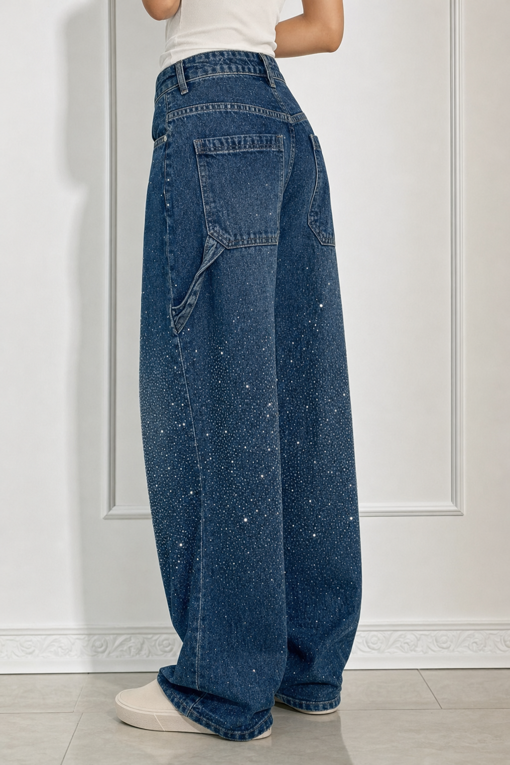 rhinestone wide-leg carpenter jeans, dark blue - worn, full-length view