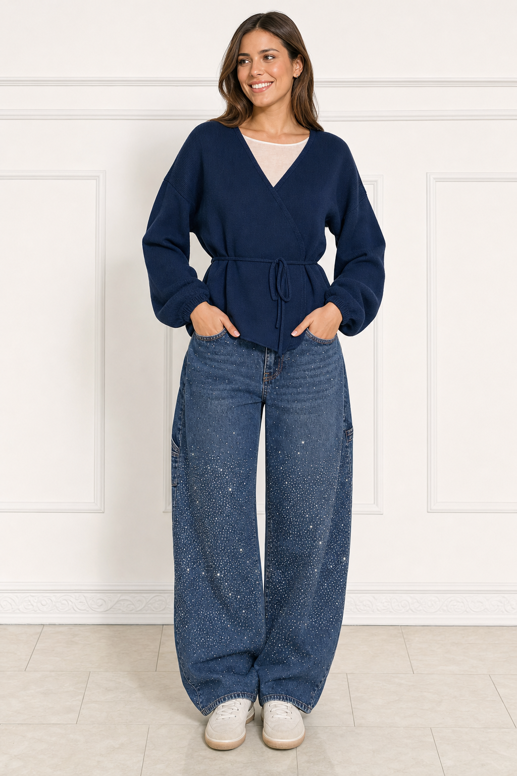 rhinestone wide-leg carpenter jeans, dark blue - front view