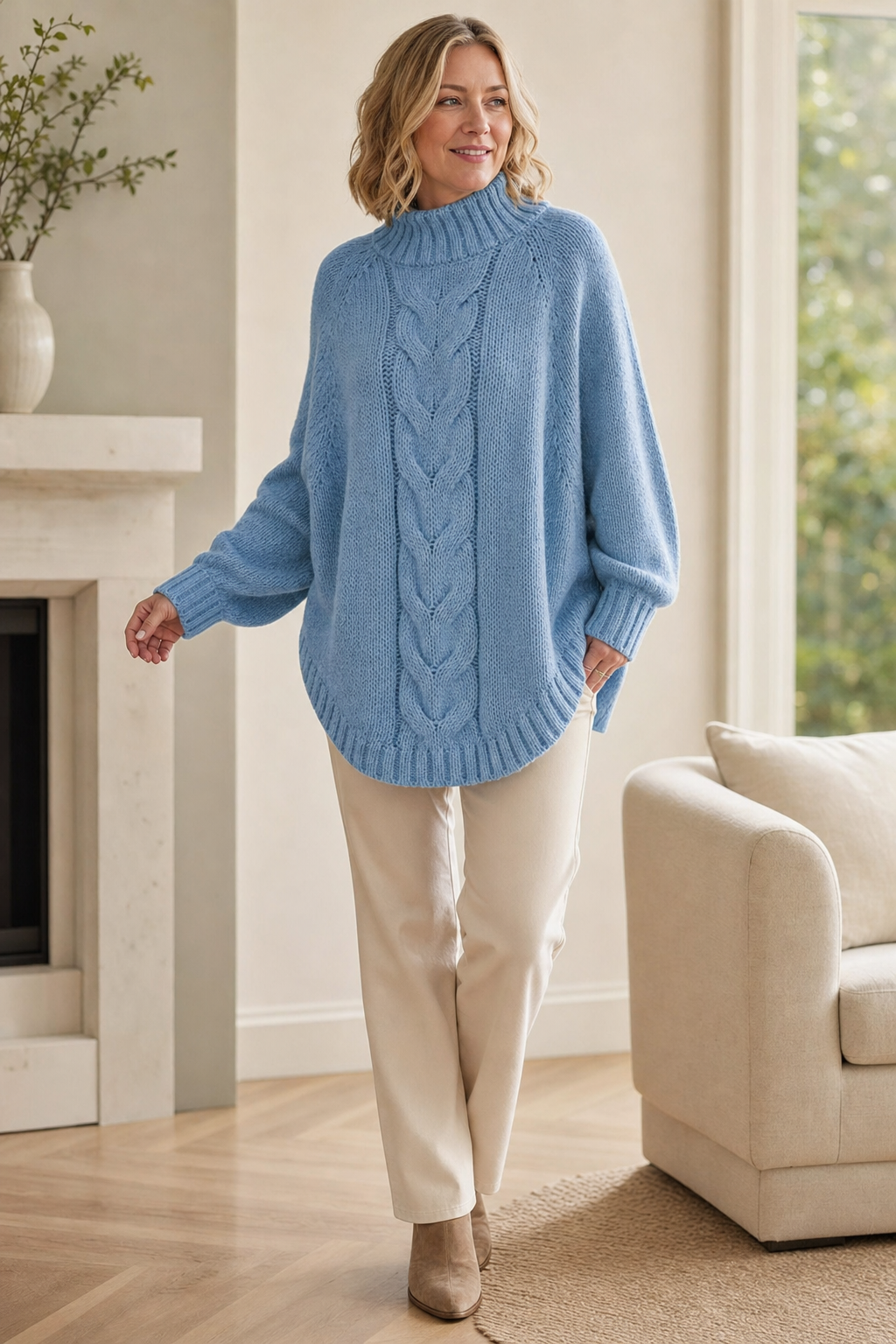 chunky cable-knit jumper, dusty blue - worn, full-length view
