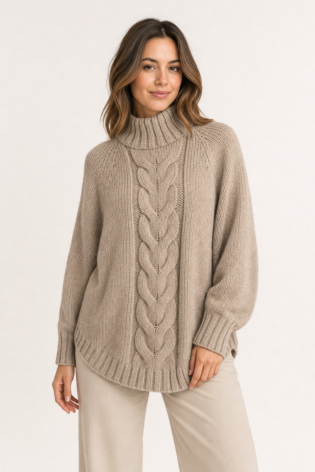chunky cable-knit jumper, taupe - front view