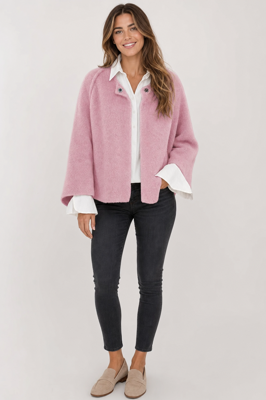 fuzzy cropped wide-sleeve jacket, soft pink - front view