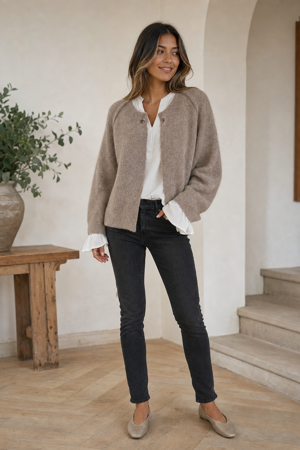 fuzzy cropped wide-sleeve jacket, taupe - worn, full-length view