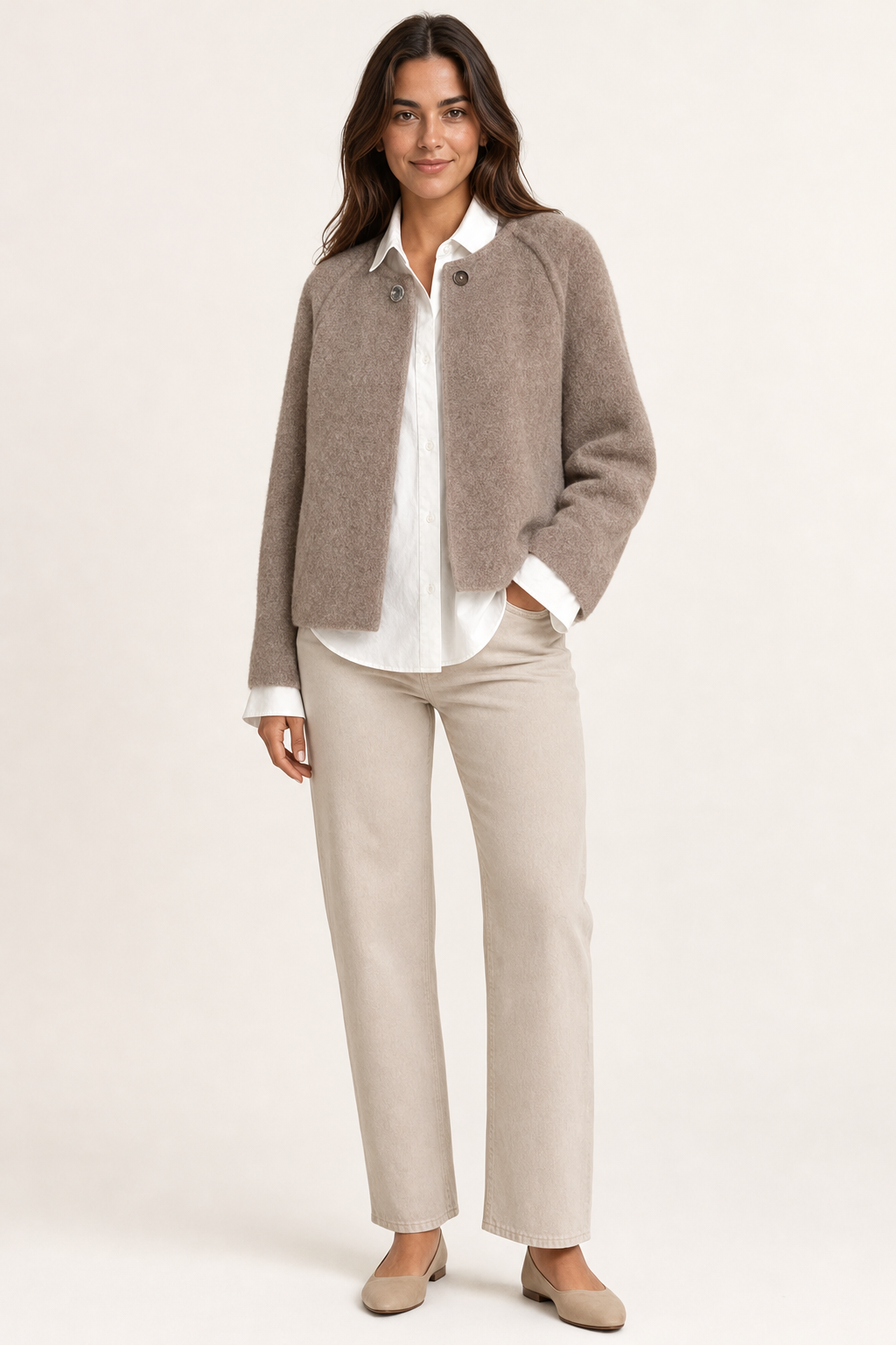 fuzzy cropped wide-sleeve jacket, taupe - front view