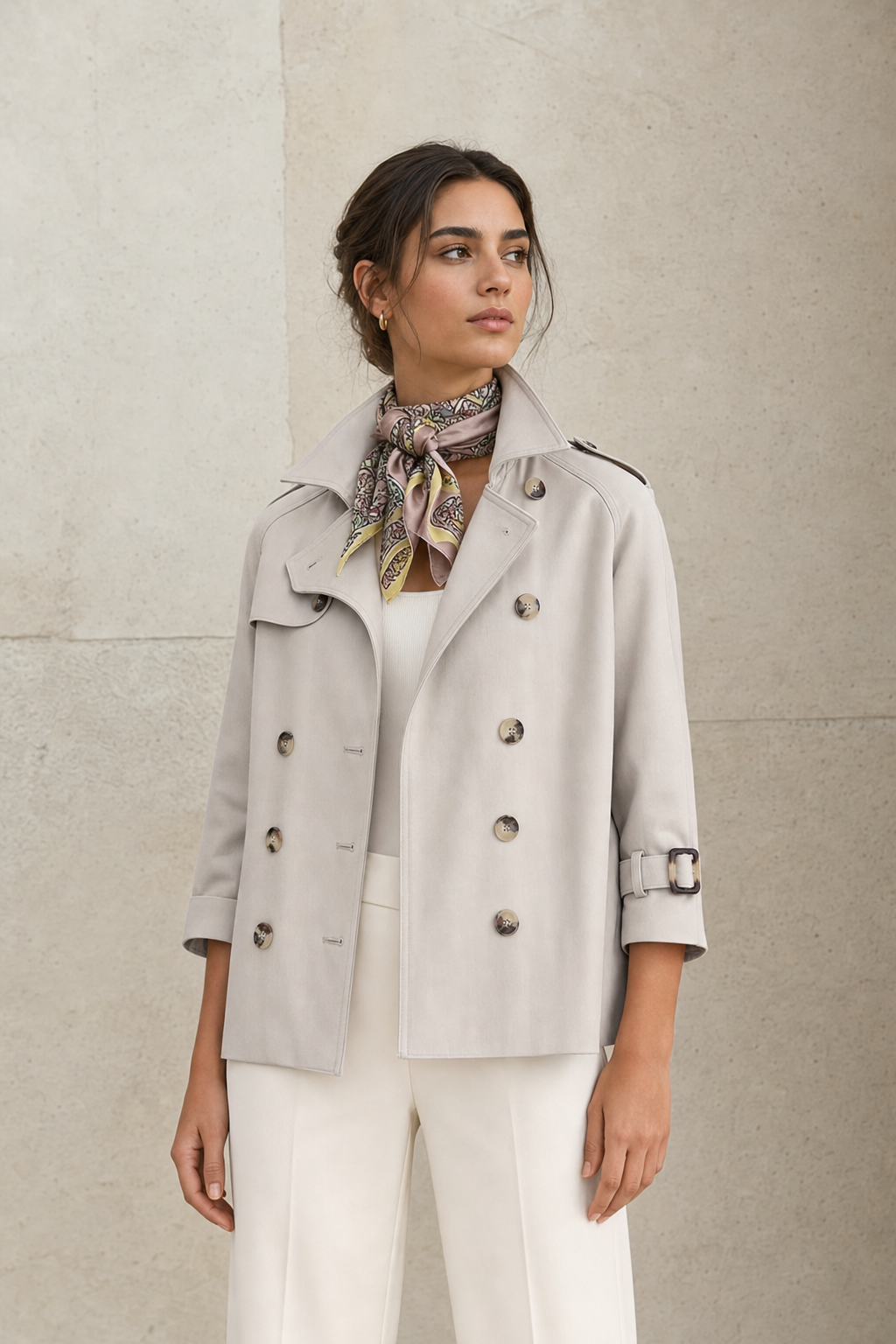 cropped trench jacket, stone - worn, full-length view
