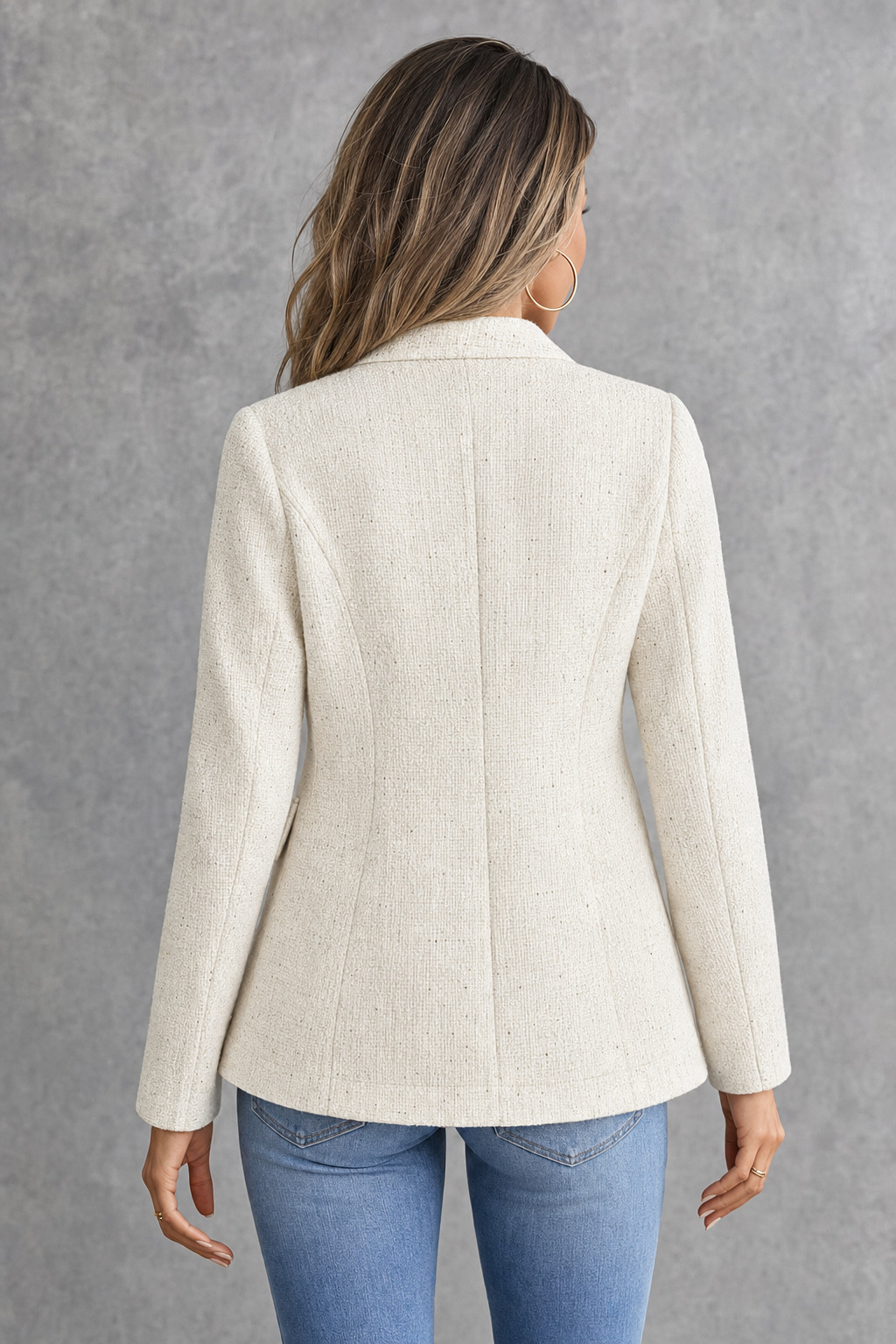 tweed double-breasted blazer, cream - worn, full-length view