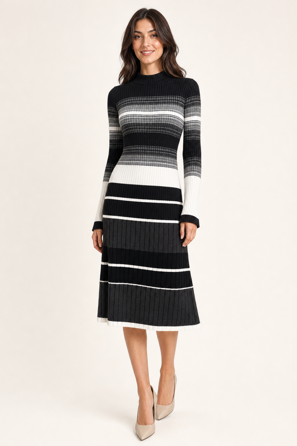 striped ribbed midi dress, black - front view