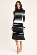 striped ribbed midi dress, black - front view