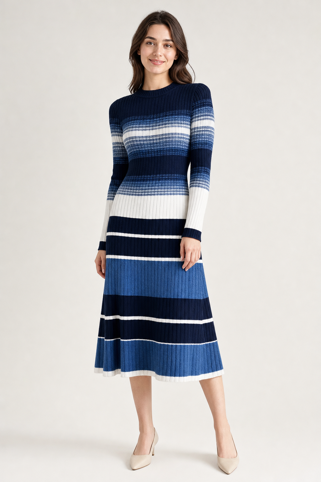 striped ribbed midi dress, blue - front view