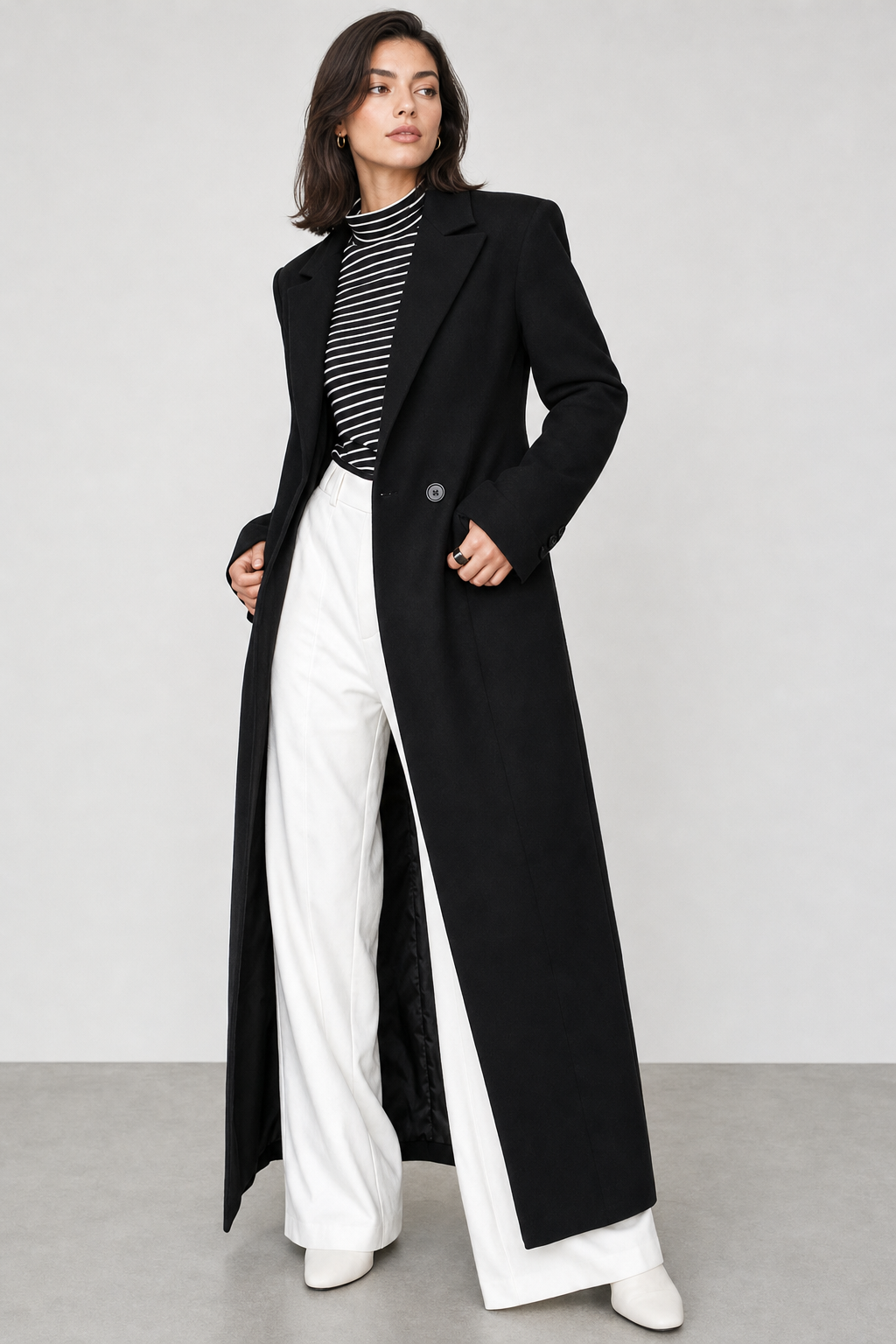 longline tailored coat, black - front view