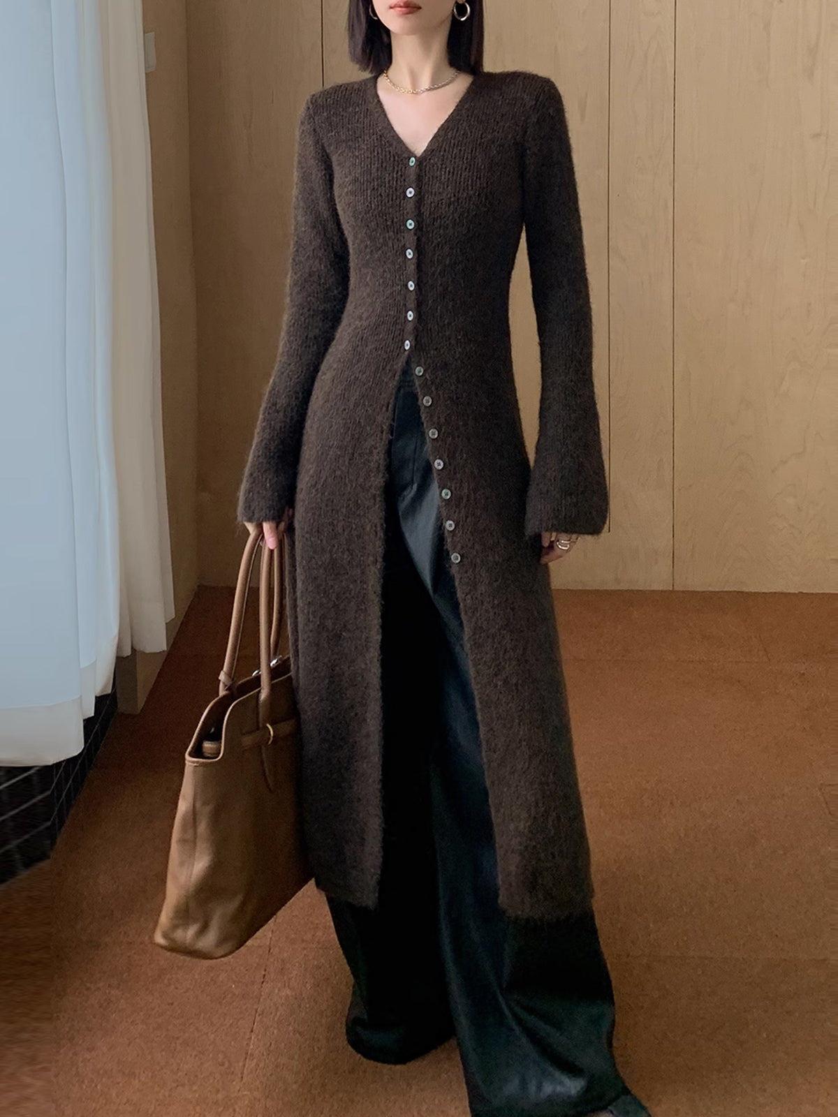 button-front flared sleeve midi dress, dark brown - worn view