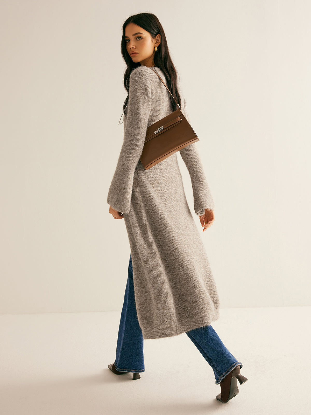 button-front flared sleeve midi dress, taupe - worn view