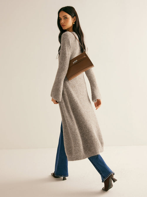button-front flared sleeve midi dress, taupe - worn view