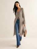 button-front flared sleeve midi dress, taupe - worn view