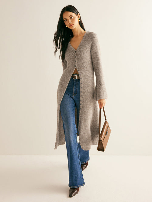 button-front flared sleeve midi dress, taupe - worn view