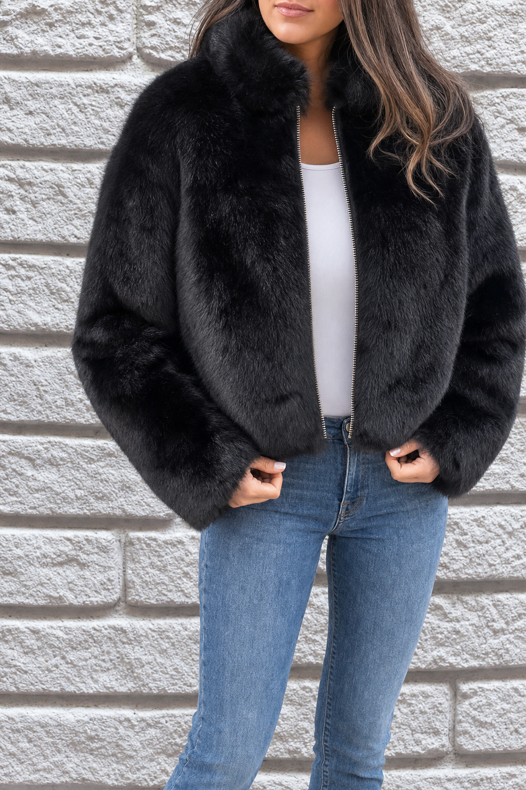 cropped plush zip jacket, black - front view