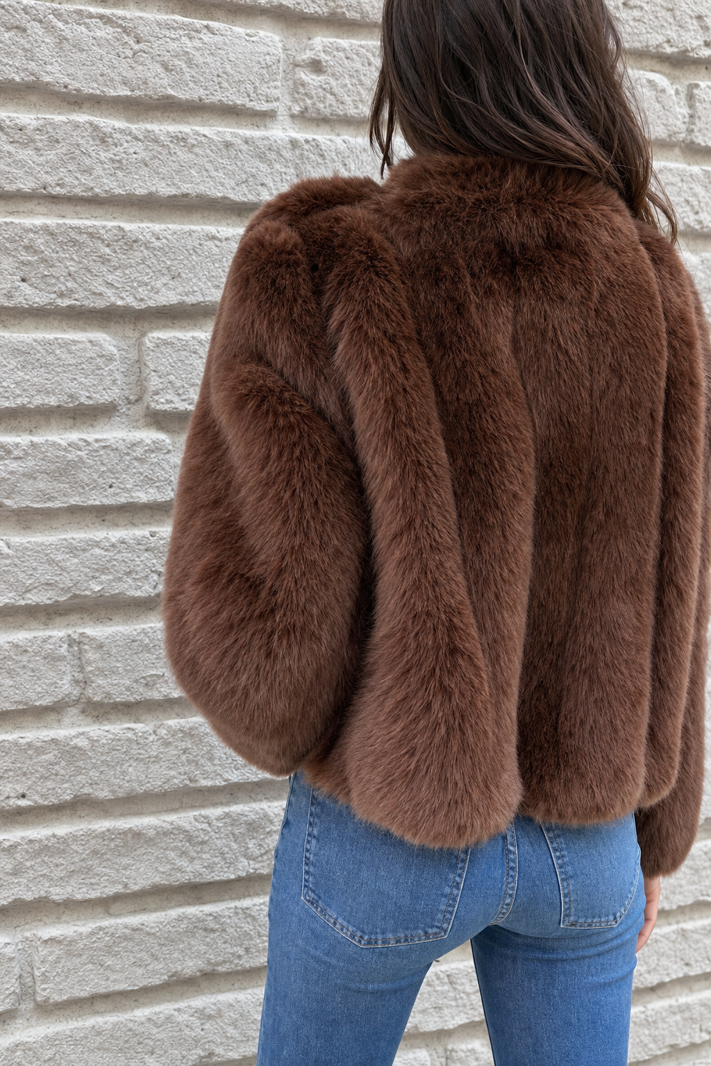 cropped plush zip jacket, brown - worn, full-length view