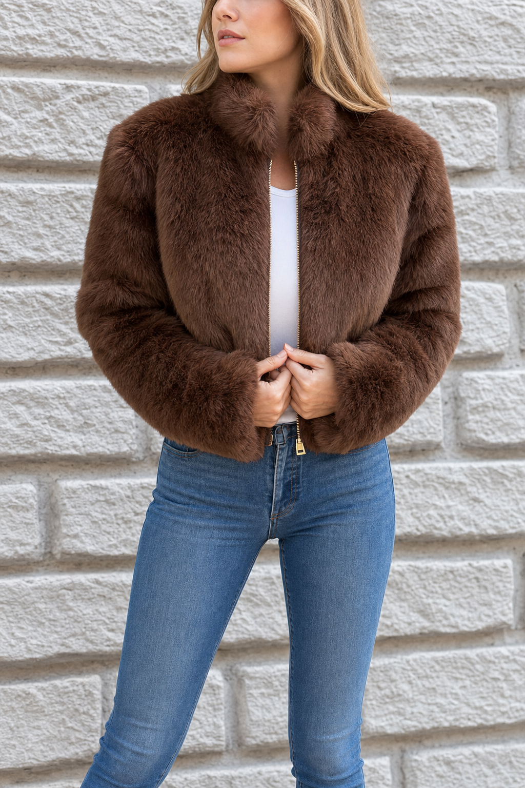 cropped plush zip jacket, brown - front view
