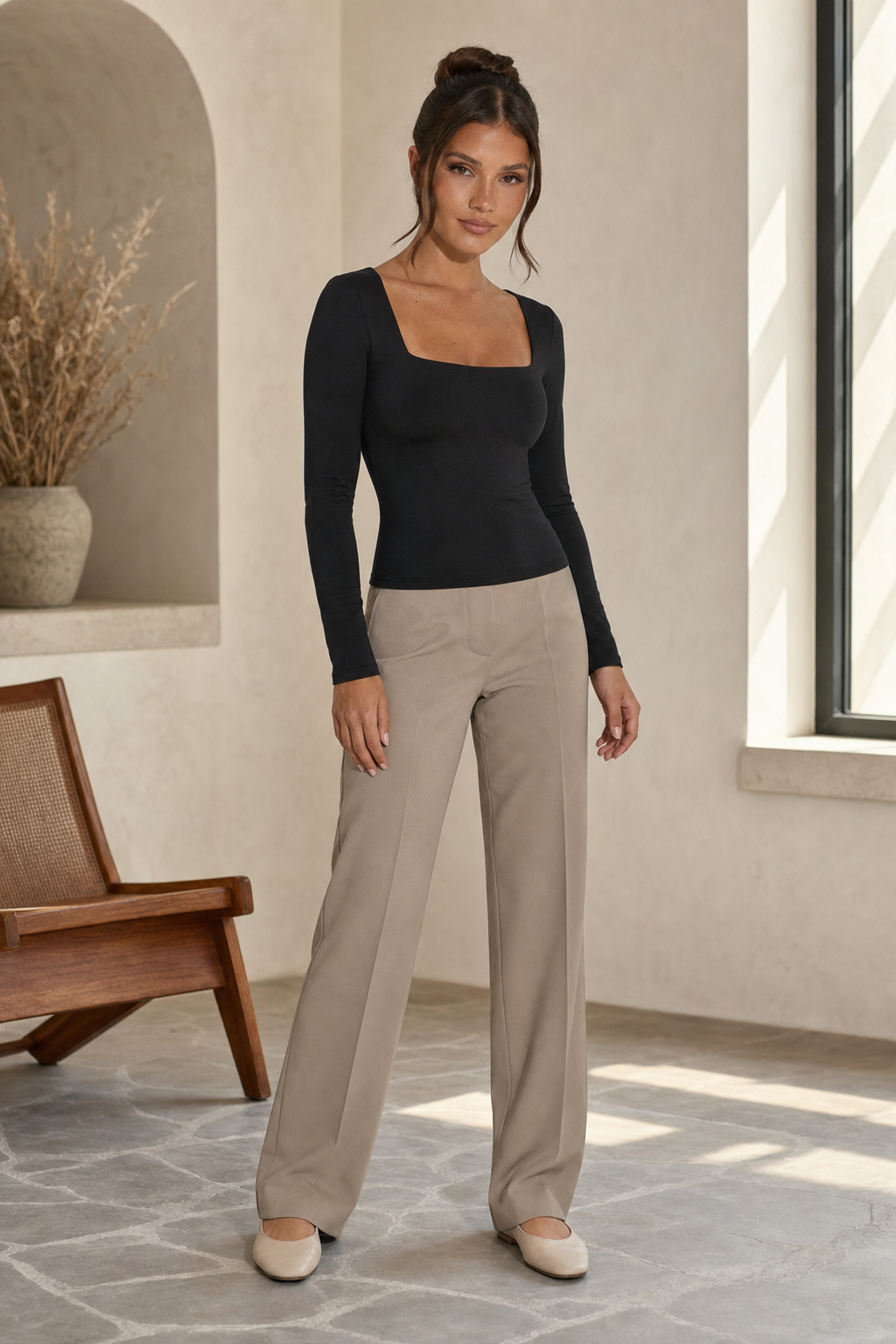 square neck long sleeve top, black - worn, full-length view