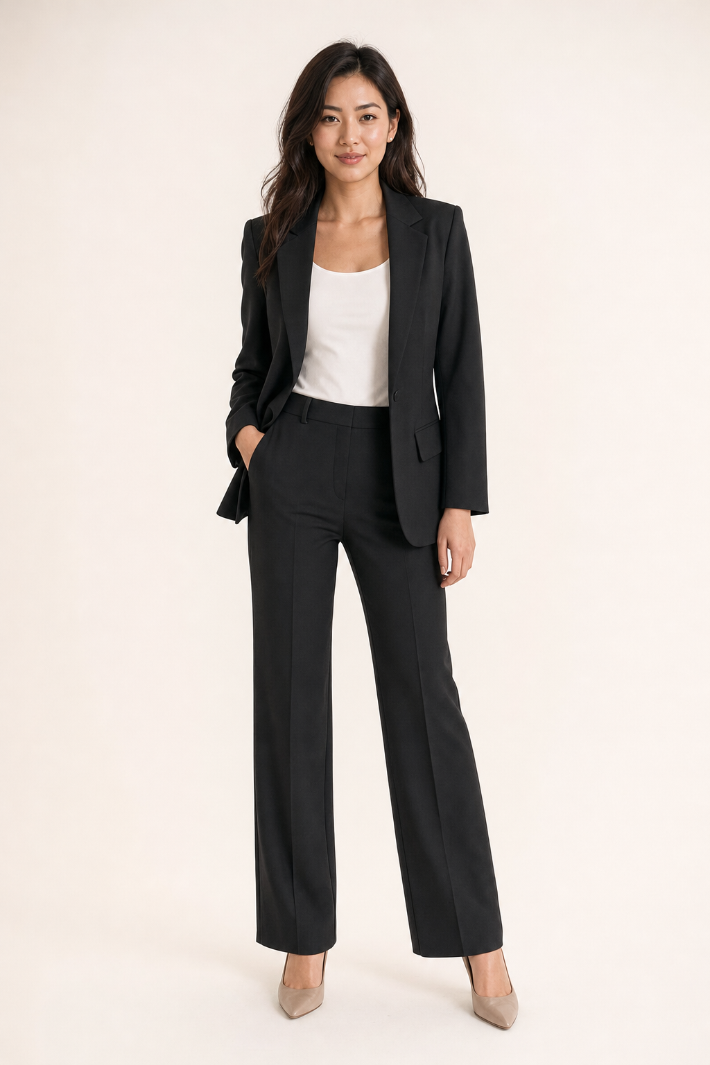 relaxed blazer and straight trouser set, black - front view