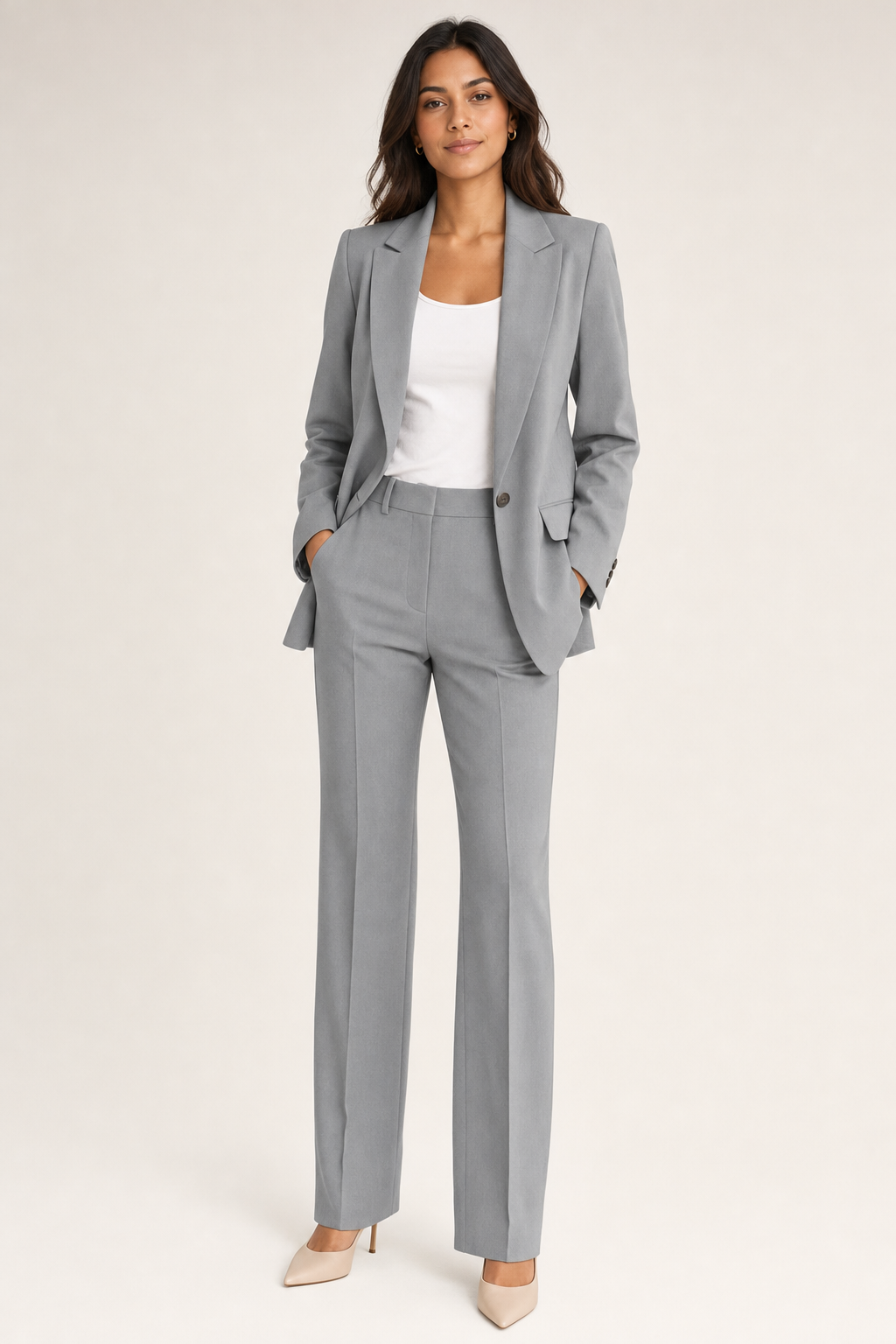 relaxed blazer and straight trouser set, grey - front view