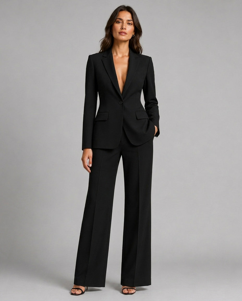 tailored blazer and wide-leg trouser set, black - worn view