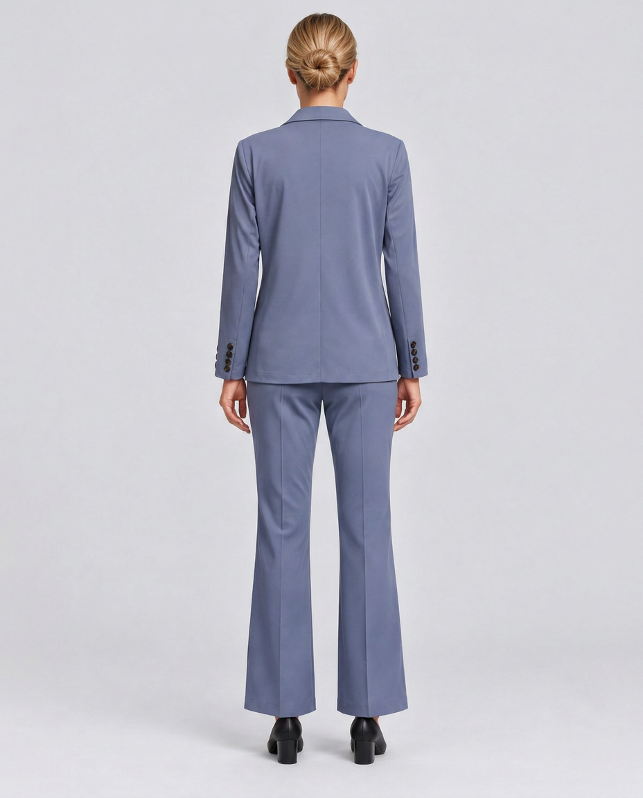 single-button blazer and flared trouser set, slate blue - worn view