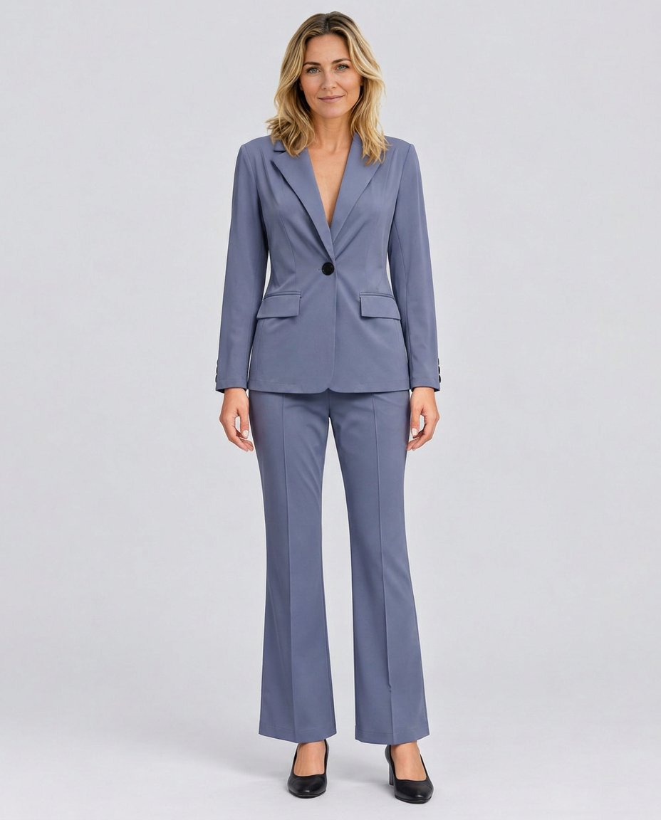 single-button blazer and flared trouser set, slate blue - worn view