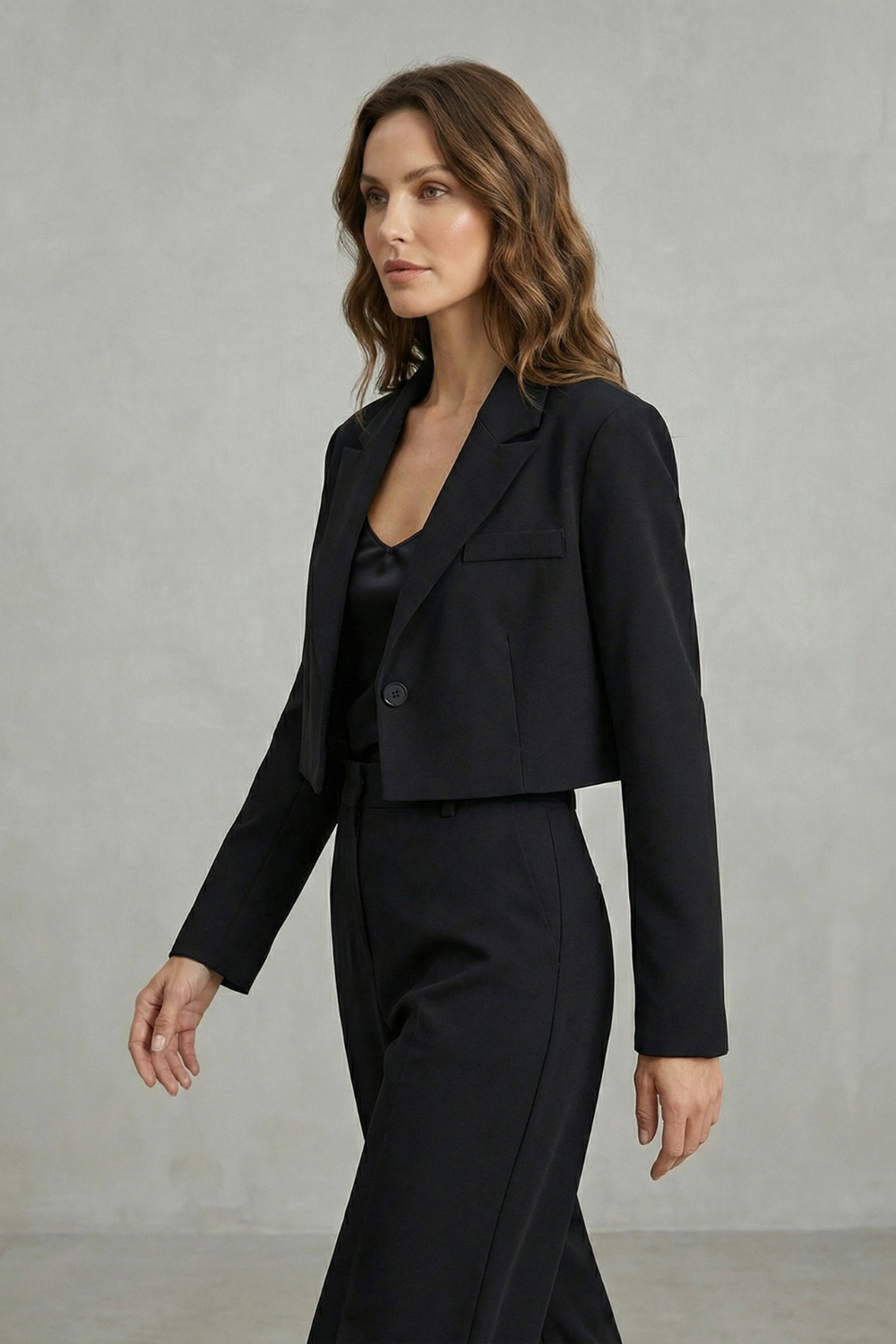 cropped single-button blazer, black - worn view