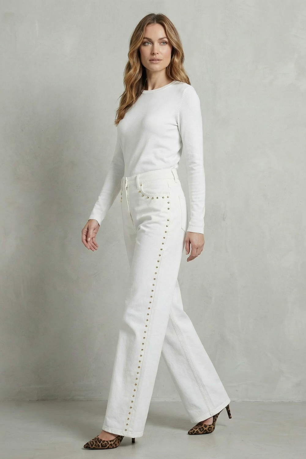 gold stud straight-leg jeans, white - worn view