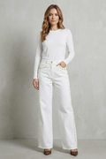 gold stud straight-leg jeans, white - worn view