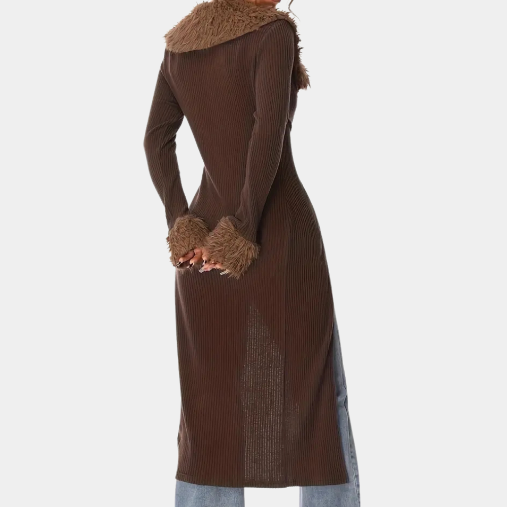 faux fur collar longline cardigan, brown - worn view