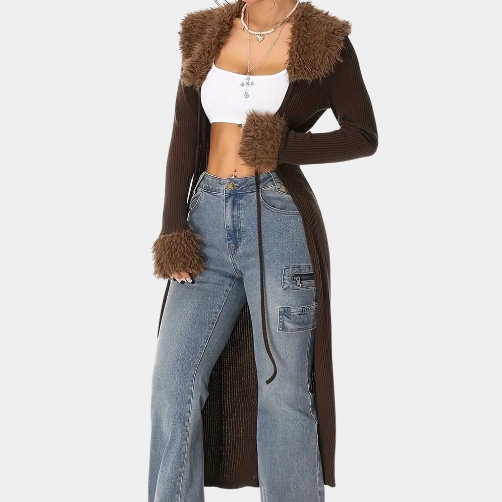faux fur collar longline cardigan, brown - worn view