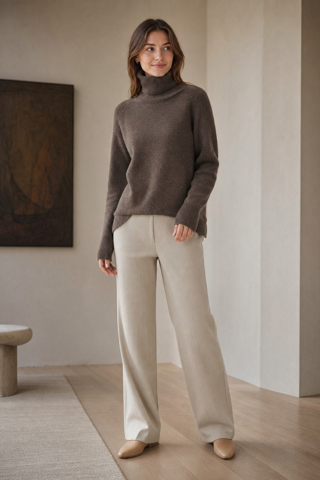 raglan roll neck jumper, brown - worn, full-length view