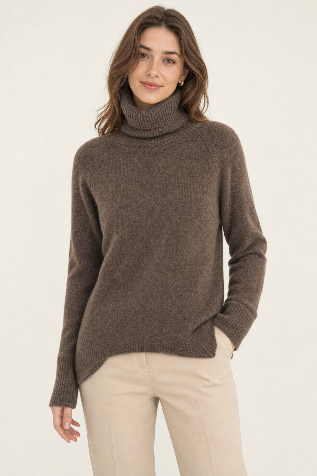 raglan roll neck jumper, brown - front view
