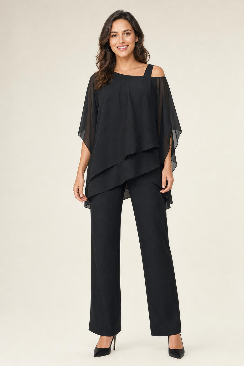 cape-sleeve top and wide-leg trouser set, black - front view