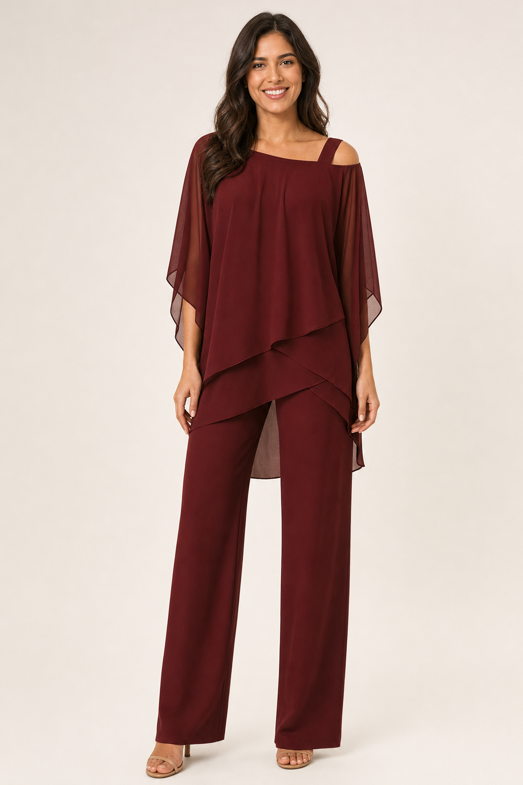 cape-sleeve top and wide-leg trouser set, burgundy - front view
