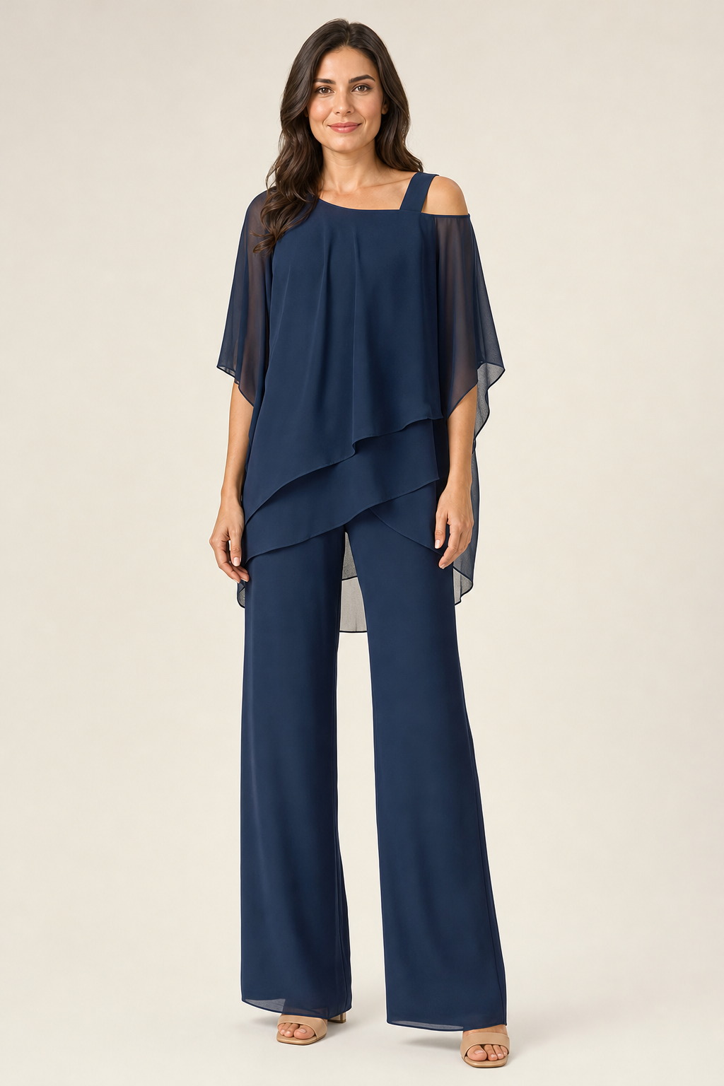 cape-sleeve top and wide-leg trouser set, navy - front view