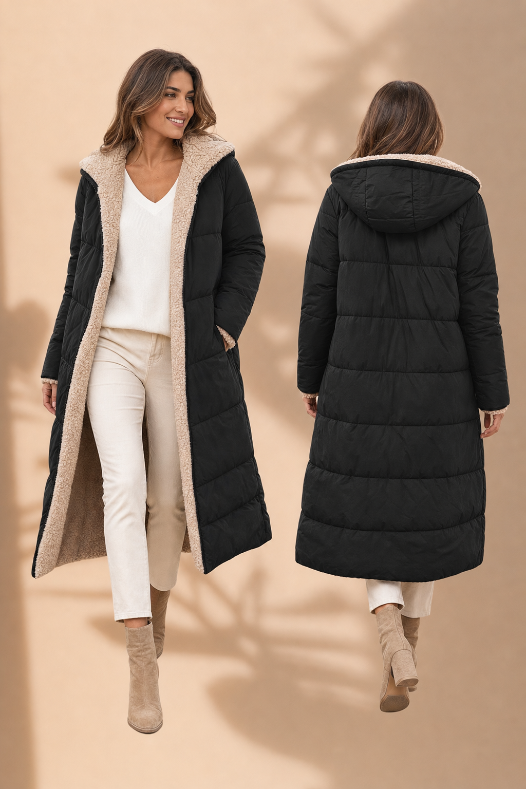 longline hooded puffer coat, black - worn, full-length view