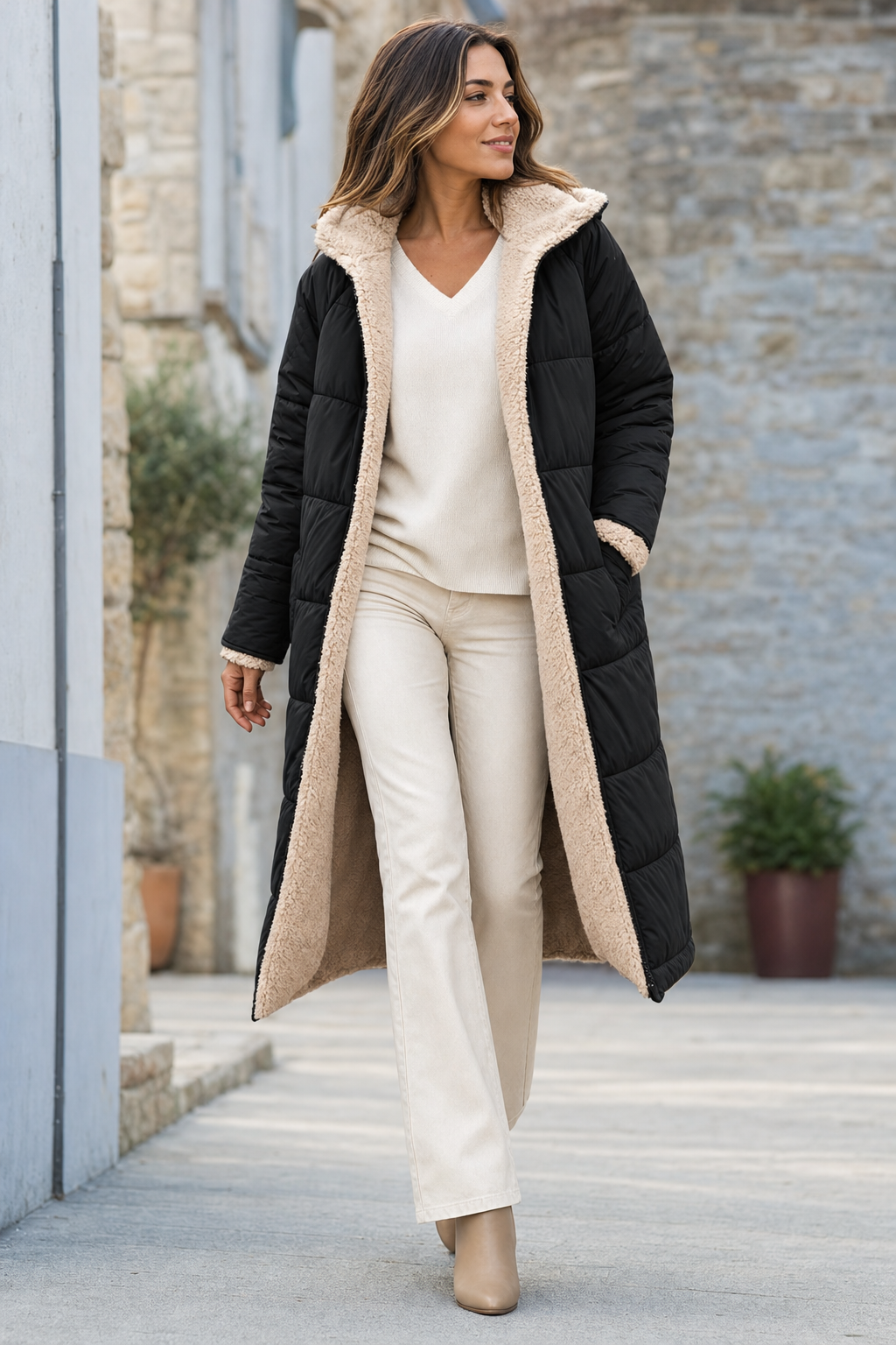 longline hooded puffer coat, black - front view