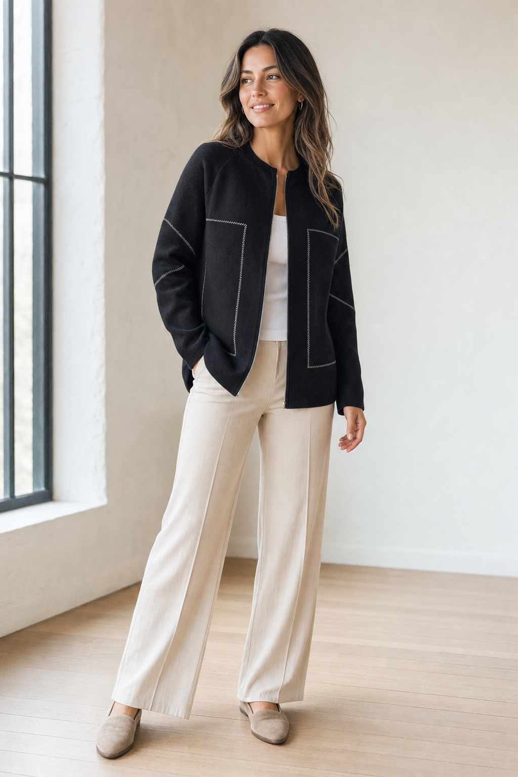 contrast-stitch zip jacket, black - worn, full-length view