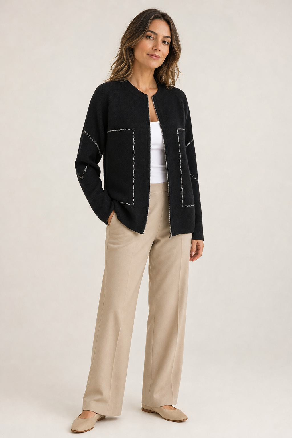 contrast-stitch zip jacket, black - front view